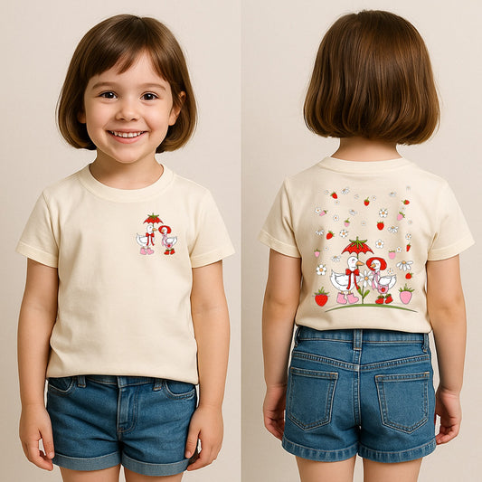 Strawberry Goose T-Shirt – Cream | 100% Cotton Kids Tee | Whimsical Animal Print