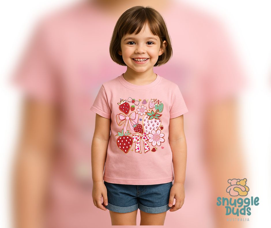 Strawberry Bows & Blooms T-Shirt – Beige & Pink | 100% Cotton Kids Te-Shirts | Sweet Fruit & Floral Print