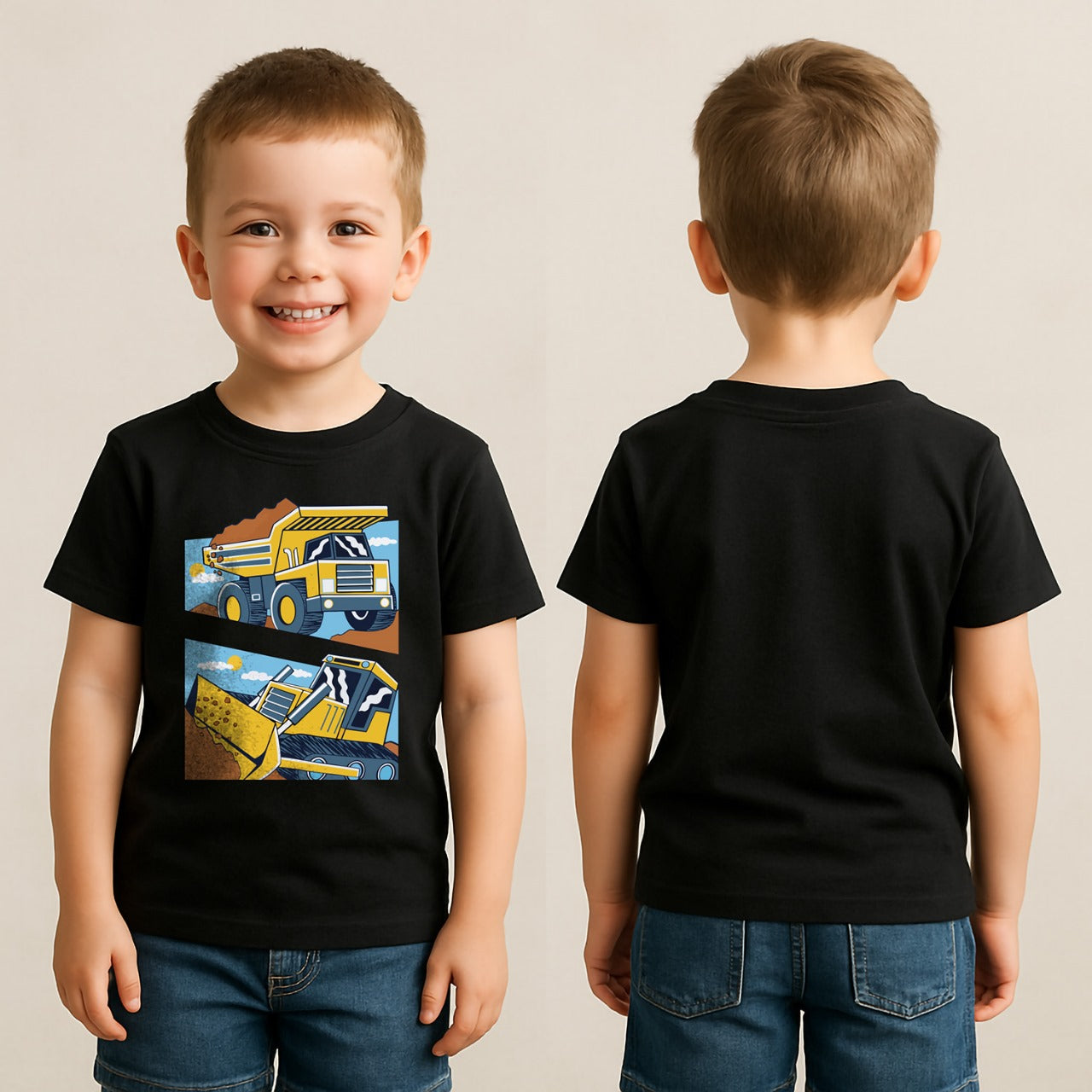 🚧 Kids Construction Trucks T-Shirt – 100% Cotton
