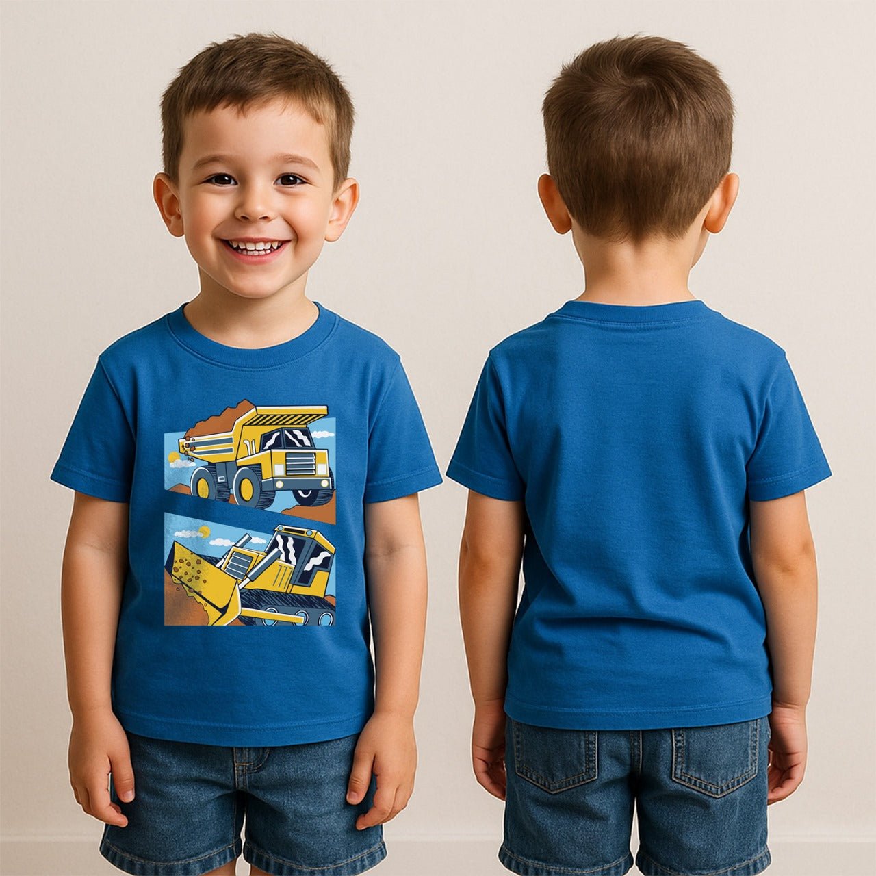 🚧 Kids Construction Trucks T-Shirt – 100% Cotton