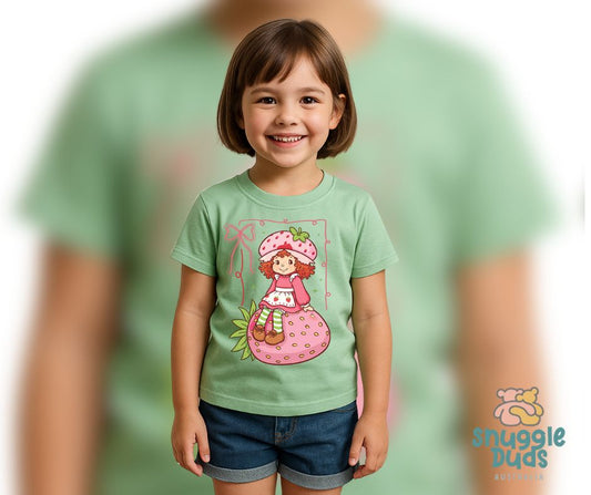 Pink Strawberry Girl T-Shirt – Mint Green | 100% Cotton | Sweet Character Print for Kids