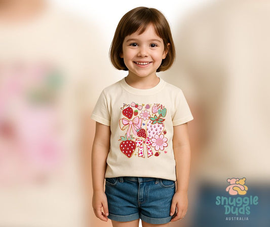 Strawberry Bows & Blooms T-Shirt – Beige & Pink | 100% Cotton Kids Te-Shirts | Sweet Fruit & Floral Print
