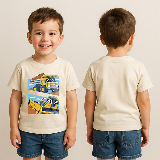 🚧 Kids Construction Trucks T-Shirt – 100% Cotton