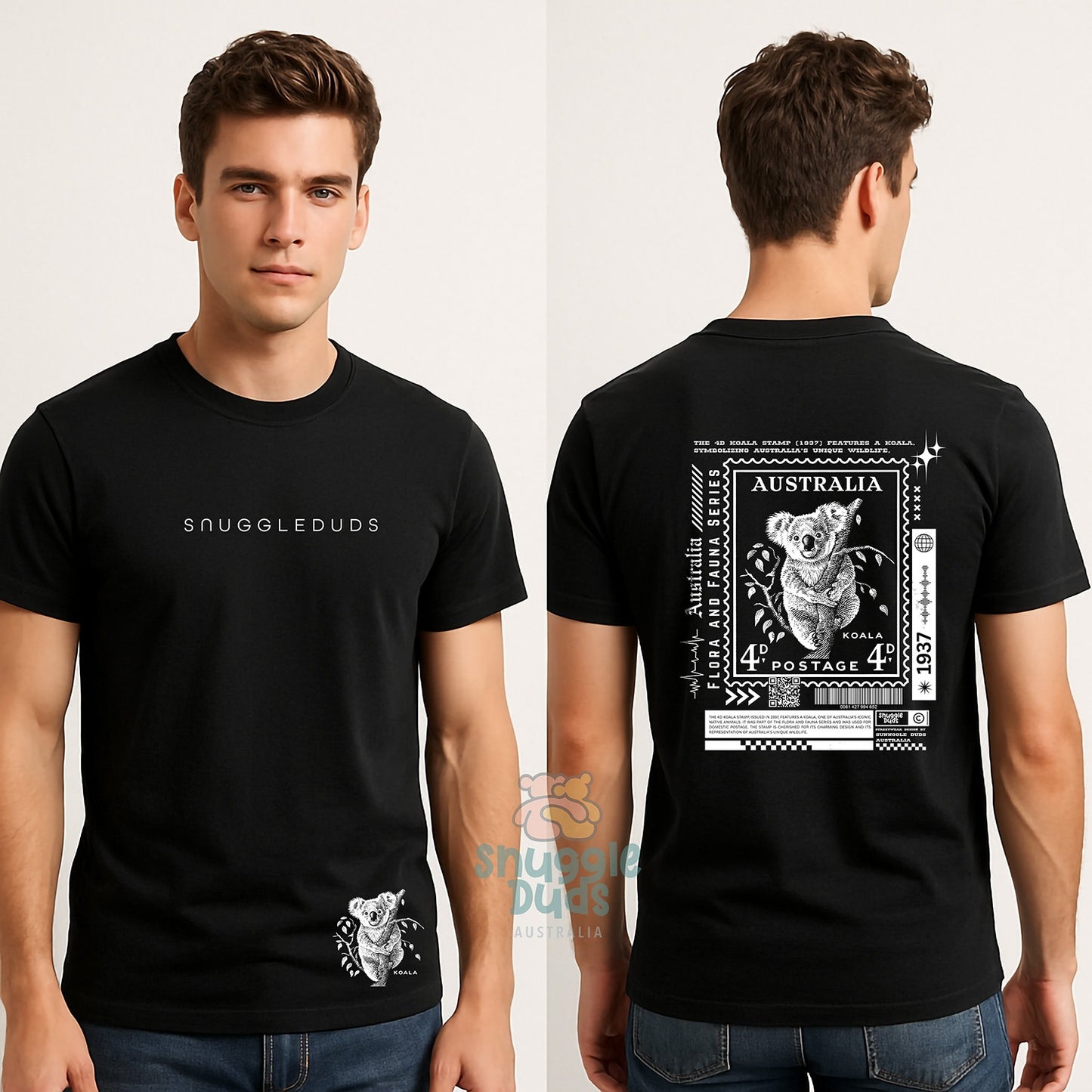 Koala Postage Stamp Graphic T-Shirt – Black | 100% Cotton