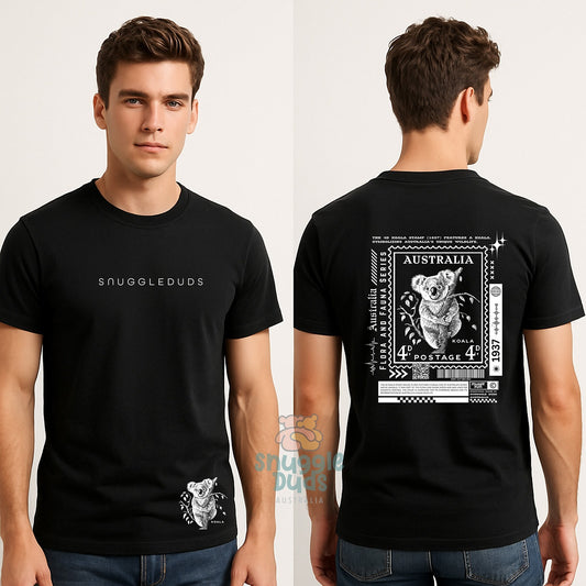 Koala Postage Stamp Graphic T-Shirt – Black | 100% Cotton